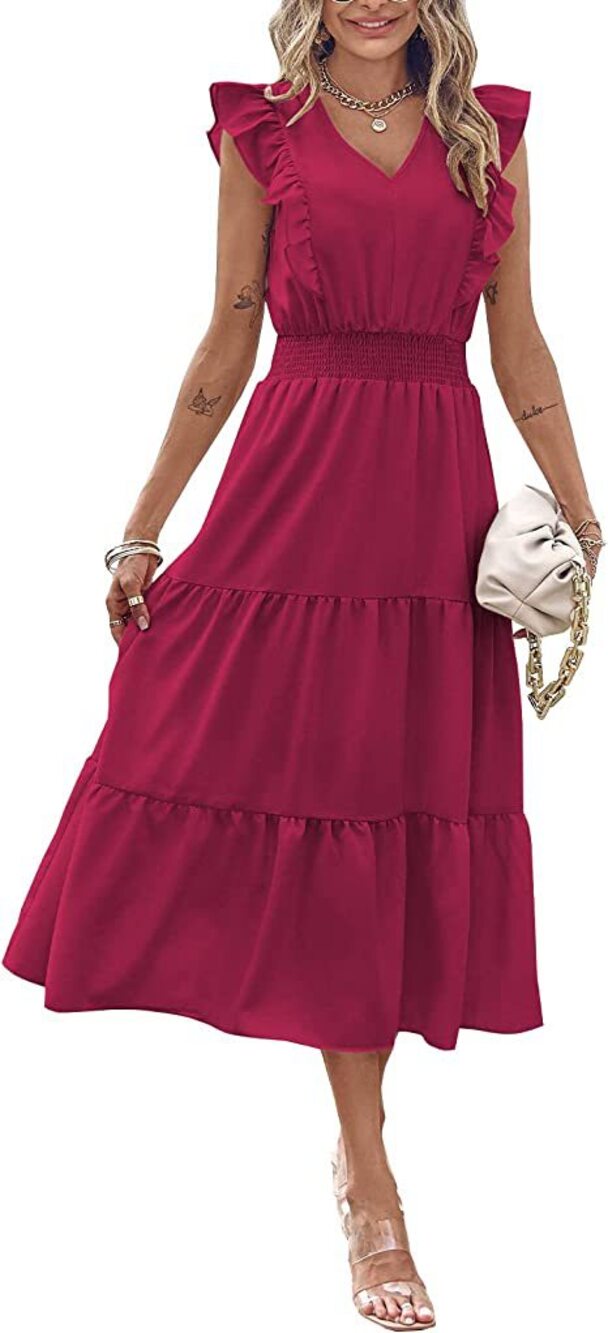 Women's Magenta V-Neck Ruffle-Sleeve Tiered Maxi Dress
